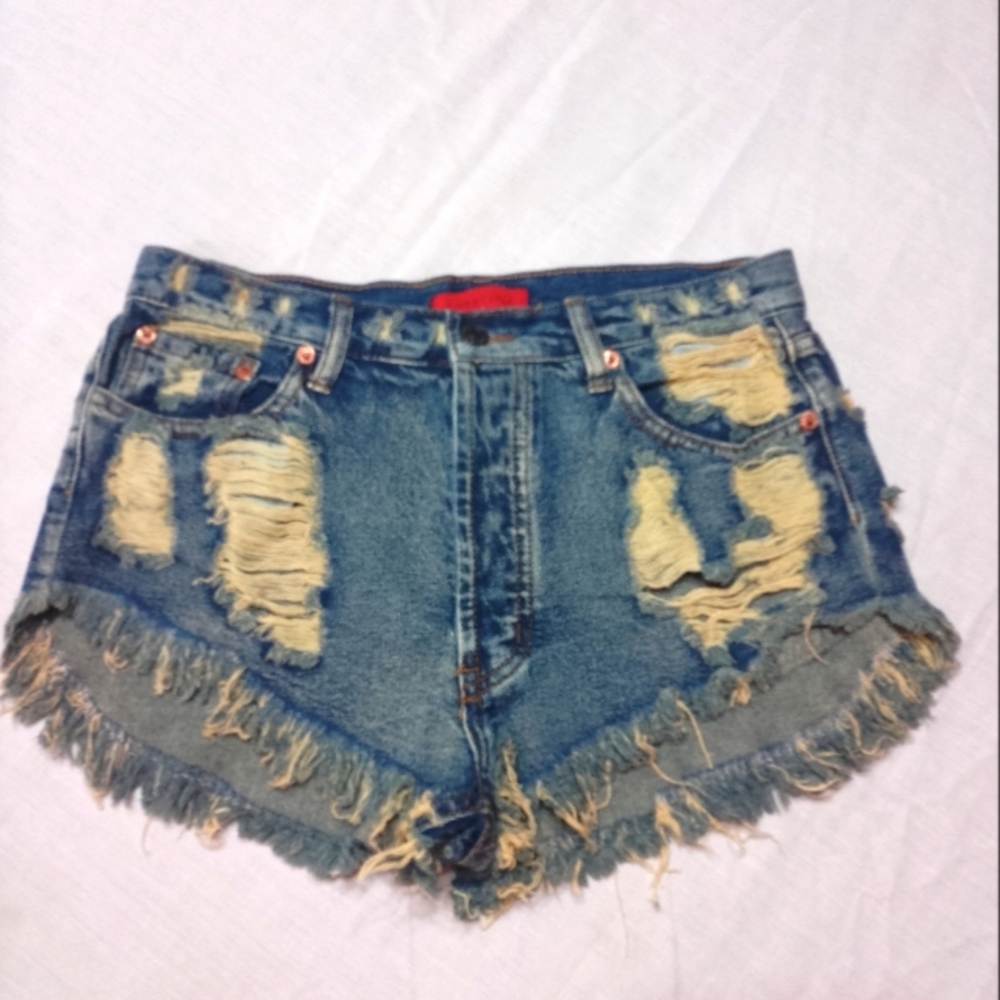 Signature 8 Destroyed Distressed Denim Jeans Shorts Button Fly High Waisted